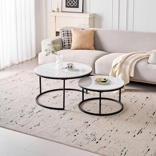 GrandCA HOME 2er-Set Runder Couchtische, Moderne Satztische für das Wohnzimmer, Schwarzer Metallrahmen, 50 cm und 70 cm Große Beistelltische, aus Gesintertem Weißem Marmor