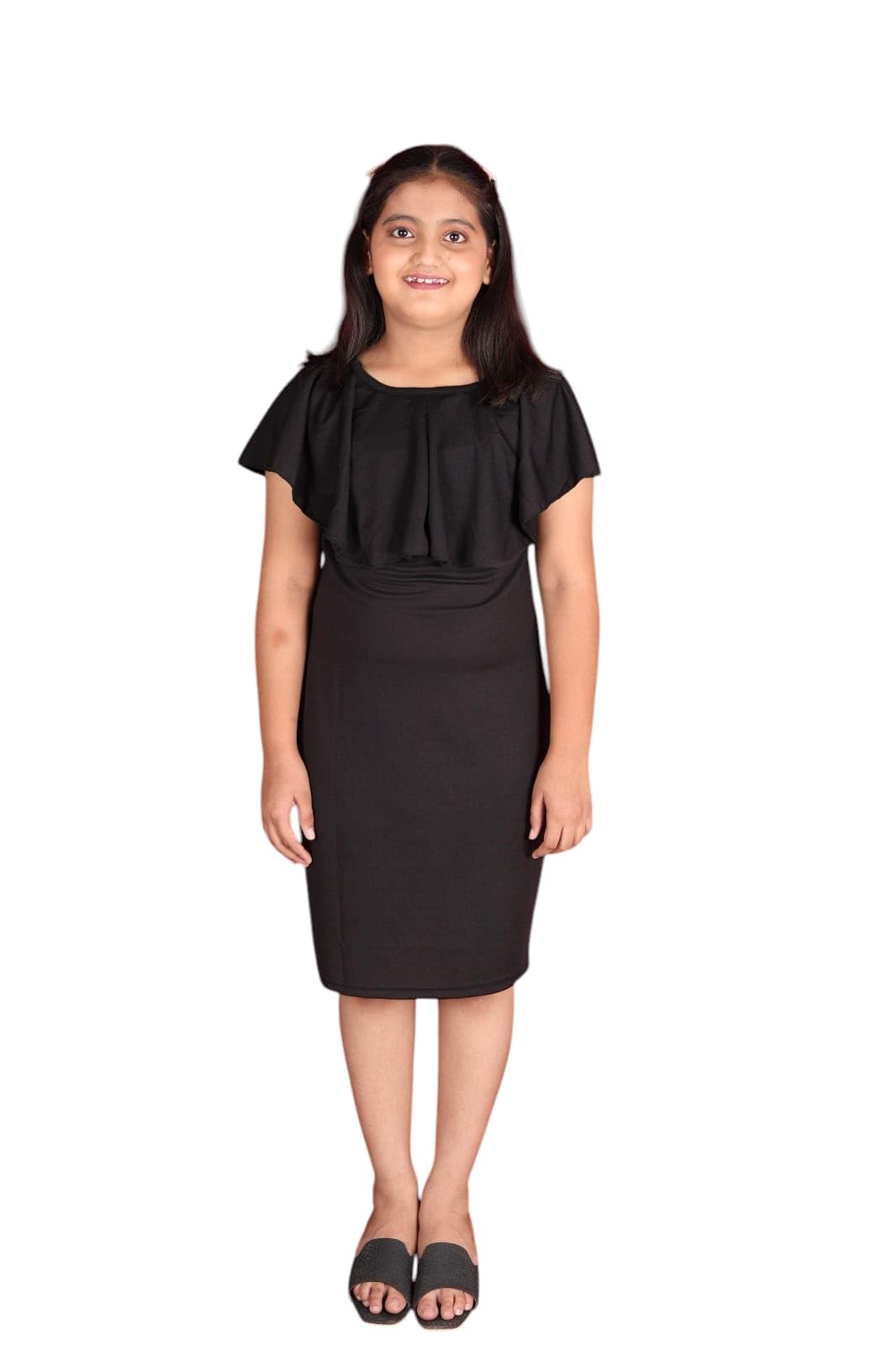 Women's Black Short-Sleeved Ruffled Neckline Skirt Suit-picture-49