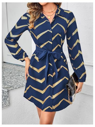 Image of SweatyRocks Women's Metallic Gold Long Sleeve Dresses Collar Shirtdress Casino Night Party Outfit