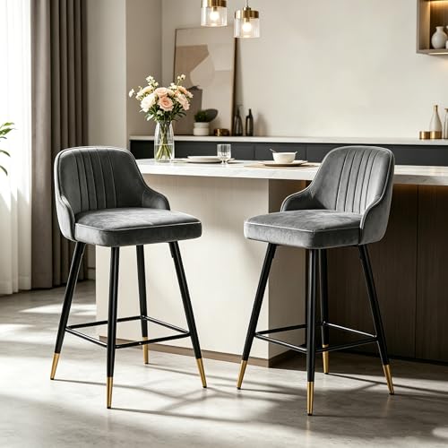 Bekrvio Set de 2 tabourets de bar en velours, Chaise pivotante 360°, Hauteur 65 cm, Chaise de bar rembourrée avec dossier, Tabouret de cuisine moderne pour...