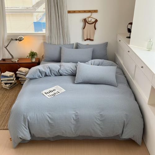 Image of PinkMemory Blue Gingham Duvet Cover Bedding Set King 100% Washed Cotton Blue Plaid Checkered Duvet Cover 3pcs Modern Grid Gingham Bedding with Zipper Closure Ultra Soft Breathable