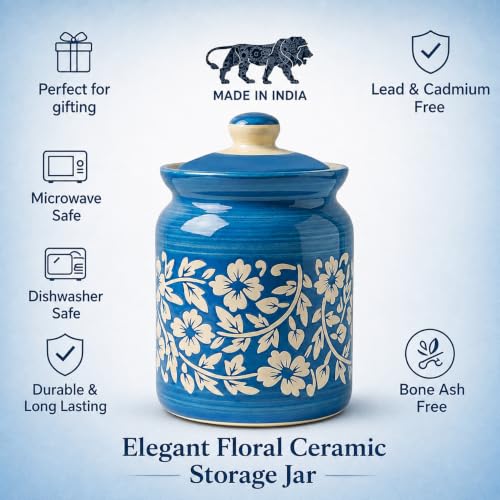 Image of Ceramic Handmade Pickle Jars in 1000ml (set of 2) | Handpainted Floral Bale 1 kg Achaar Martban | Ceramic Jadi for Kitchen Storage (Set of 2) | Jars for Achar, Spices, Salt (Floral SkyBlue Bale)