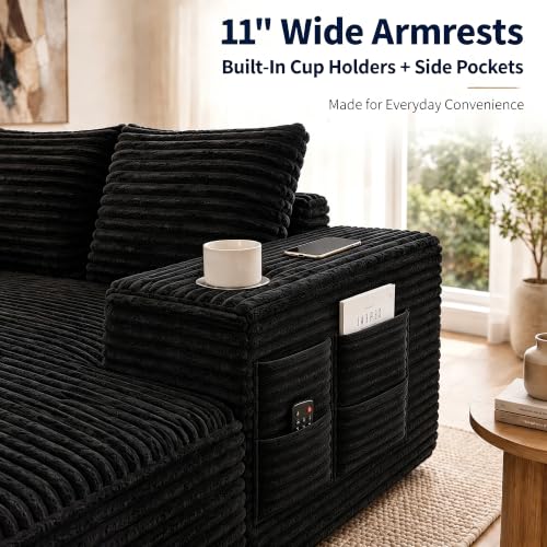 Image of 122 inch Oversized Cloud Sectional Couch for Living Room, 7 Seater U Shaped Sofa Modular Boneless Couch with Chaise | Deep Seater | Cup Holder | Side Pocket | No Assembly | Plus Corduroy, Black