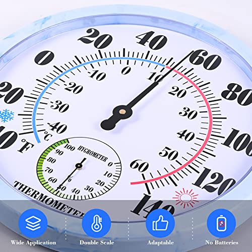 Indoor Outdoor Thermometer Hygrometer - 10Inch Outdoor Thermometers Large Number, 2 In 1 Thermometer Hygrometer, No Battery Needed Large Outdoor Thermometers For Patio (Blue) #TOP2