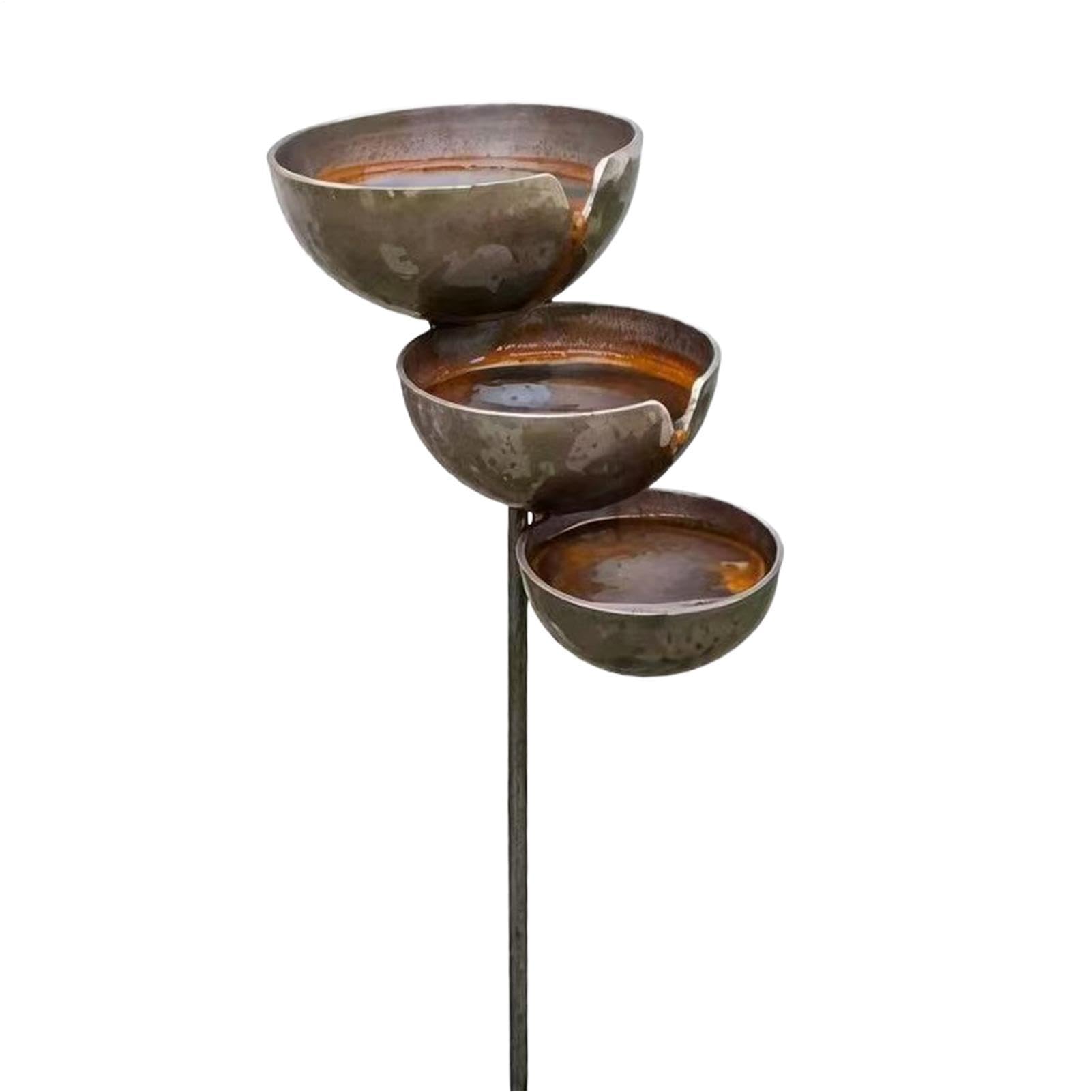 Metal Rain Catchers for Garden, 3-tiered Standing Rain Catcher Garden Stake, Bird and Bee Water Fountain Bowls For Backyard, Deck, Pavilion, Lawn
