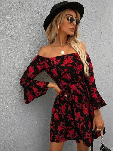 Image of Off Shoulder Ruffle Dress for Women, A-Line Mini Dress with Belt, Fitted Bust Summer Wedding Guest Dress