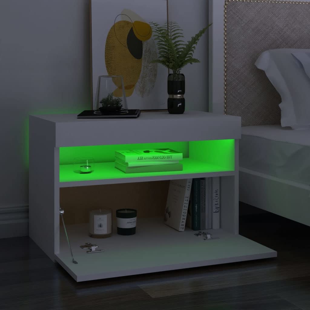 vidaXL 2X Mesita de Noche y Luces LED Aparador Auxiliar Armario Cama Dormitorio Habitación Organizador Almacenamiento Blanco 60x35x40 cm