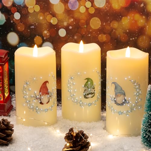 Image of Eywamage Gnomes Christmas Fiber Optic Flameless Candles with Remote, Snowflakes Flickering LED Battery Pillar Candles Set of 3