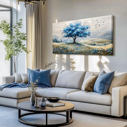 SERIMINO Tree of Life Large Wall Art, Country Landscape Canvas Art Prints, Blue Tree Nature Artwork for Walls, Modern Wall Pictures for Living Room Bedroom Dining Room, Rustic Farmhouse Decor 30"X60"