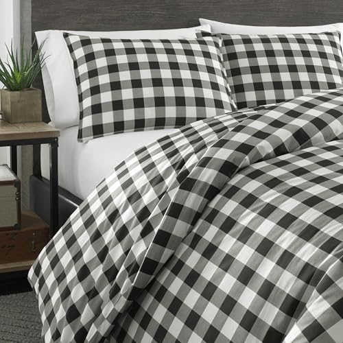 Image of Eddie Bauer - Twin Duvet Cover Set, Reversible Flannel Bedding Set with Matching Sham, Medium-Weight, Dorm Essentials (Black Check)