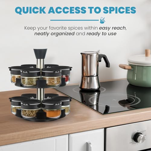 Farazza Black Rotating Spice Rack With Jars, Spinning Spice Rack For Countertop - Revolving Tower Organizer for Kitchen Seasonings - Kitchen Carousel Storage, Stainless Steel, 12 Jars