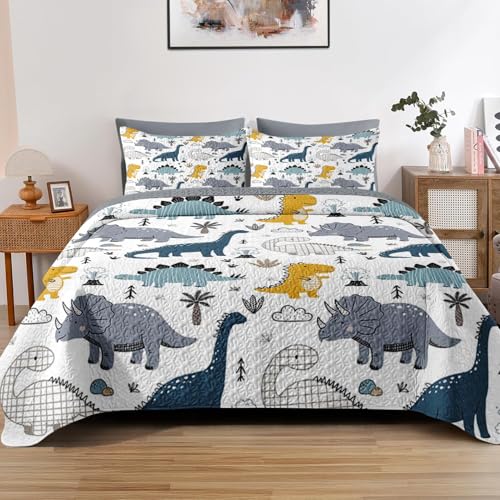 Pamnest Quilt Set Twin Size, Cute Dinosaur 2 Pcs Soft Bed Cover Bedding Set for Kids and Adults, Blue Grey Yellow Dino Lightweight Bedspread Coverlet...