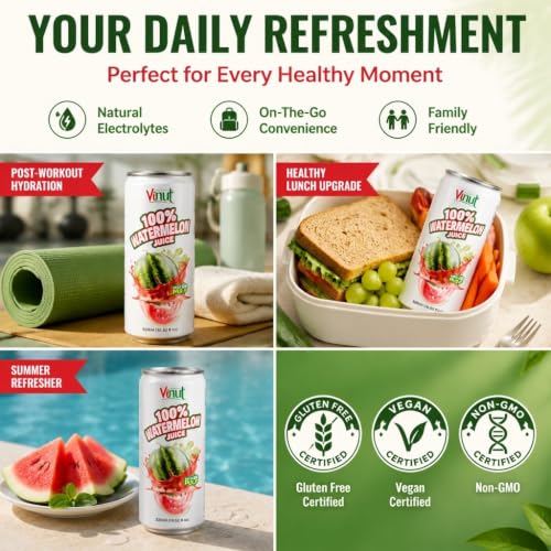 Image of VINUT 100% Watermelon Juice with Pulp, Hydrating Electrolyte Drink, No Added Sugar, Not From Concentrate, Gluten Free & Non-GMO Drink, 100% Vegan /Plant-Based, 10.82 fl oz Cans (Pack of 24)