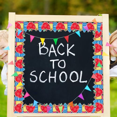 Image of Whaline Back to School Bulletin Board Border Pencil Apples Crayon Die Cut Trim Border Roll for First Day of School Home Party Supplies