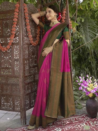 Image of Women's Soft Art Silk Kanjivaram Saree and Unstitched Blouse Piece with Floral Rich Pallu and Jacquard Jari Work On All Over | South Indian Saree