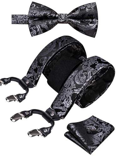 Image of YOHOWA Men Suspenders 6 Clips Strength Adjustable Y Braces Pre-Tied Bow Tie Set Formal Wedding Party