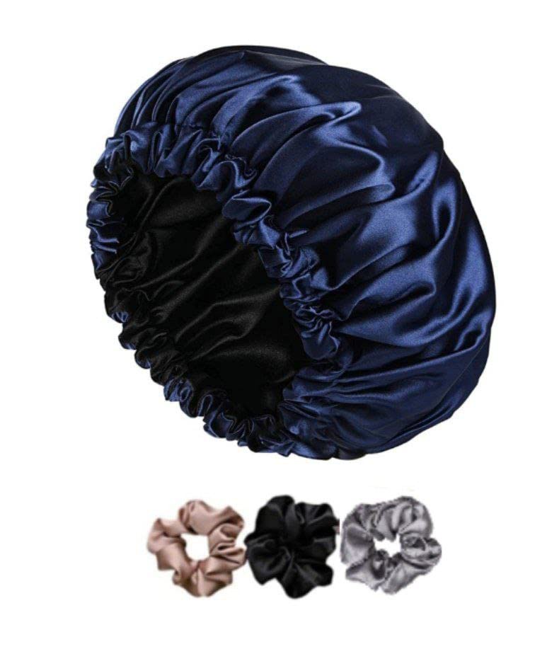 Image of GO WELL Satin Silk Bonnet With 3 Scrunchies - Reversible Hair Cap for Sleeping, Adjustable Wrap for Curly Hair (Violet)