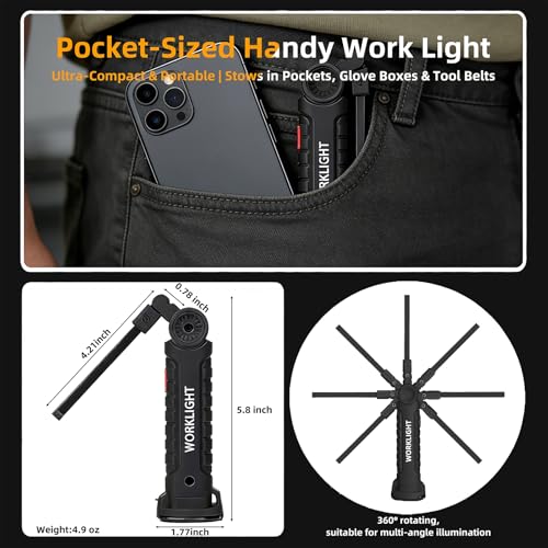 Image of Tool Fathers Day Dad Gifts for Men Him Husband, LED Rechargeable Work Light for Mechanic with Magnetic Base Hook, Grill Light Inspection Flashlight 5 Modes 360 Rotate Car Repair Emergency Birthday