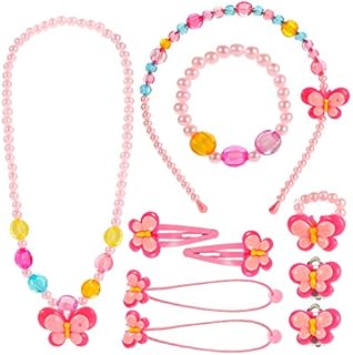 Hifot Kids Jewelry Little Girls Necklace Bracelet Ring Clip-on Earrings Hair Clips Set, Costume Jewelry Party Favors Gift for Dress up Pretend Play - Butterfly