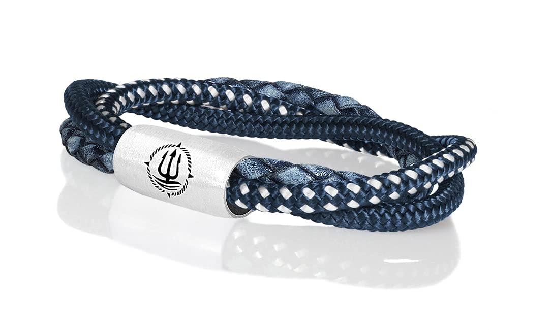 Maritimes Seemannsgarn Leder & Segeltau Armband Trinidad navy blau-weiß, dreireihig, 8mm