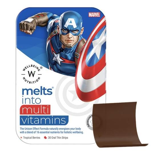 Marvel Captain America Melts | Multivitamin for Kids (6+) to Improve Overall Growth & Develpoment with Vitamin A, B-Complex, C, D & Iron | Tropical Berry Flavor (30 Oral Strips)