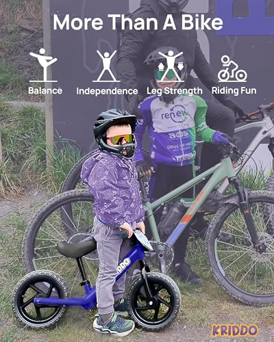 Image of KRIDDO Toddler Balance Bike 2 Year Old, Age 18 Months to 5 Years Old, 12 Inch Push Bicycle with Customize Plate (3 Sets of Stickers Included), Steady Balancing, Gift Bike for 2-3 Boys Girls, Blue