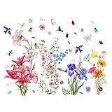 Spring Flower Stickers, Chrysanthemums Lily Birds Butterflies Dragonflies Ladybugs Spring Wall Decals, Floral Wall Decals Peel and Stick Wall Art Removable Garden Decal, Floral Butterfly Walls Decor