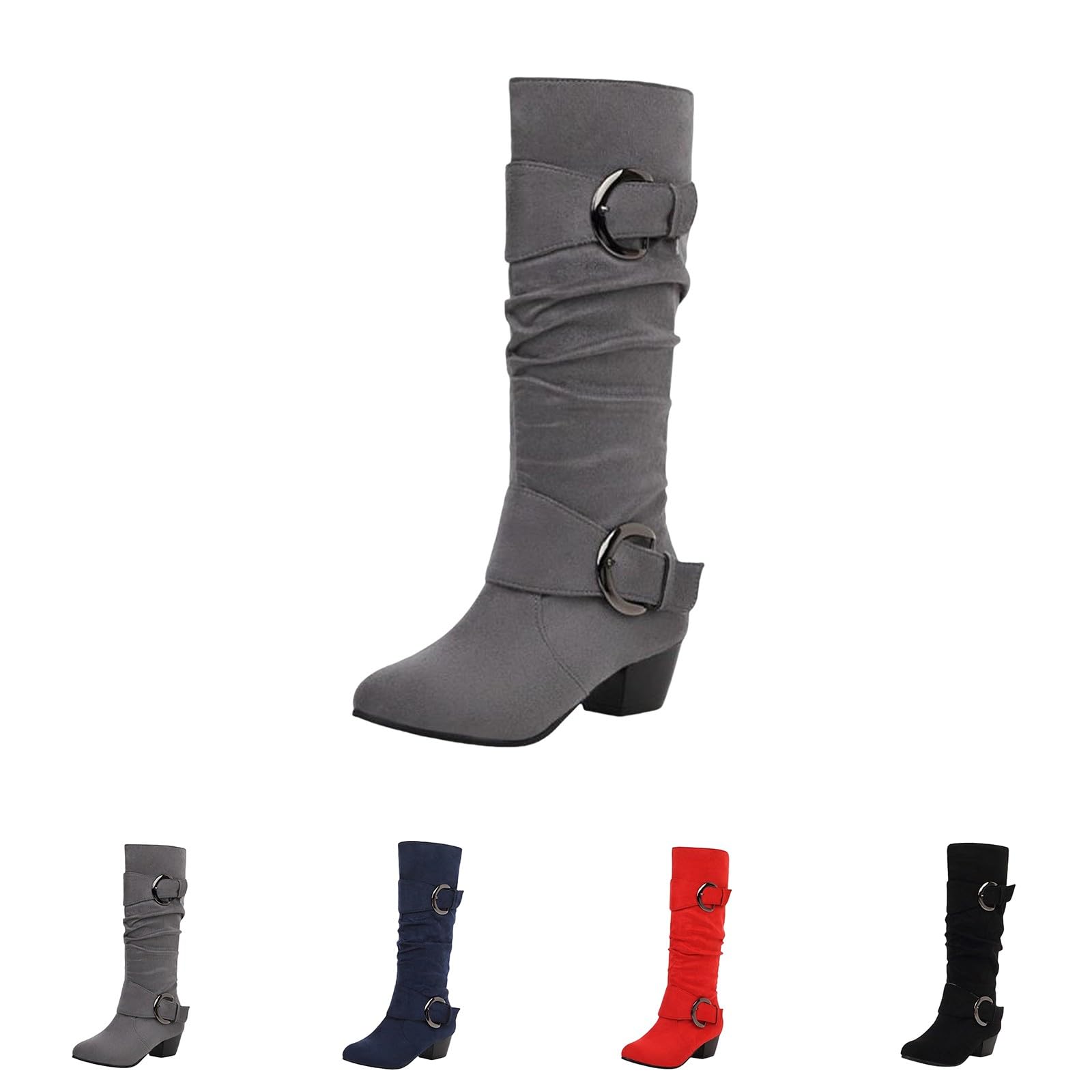 Botas de vaquero para mujer, de ante alto, hasta la rodilla, con tacón de bloque, botas largas con cremallera lateral, botas puntiagudas del oeste con hebilla, gris, 36 EU