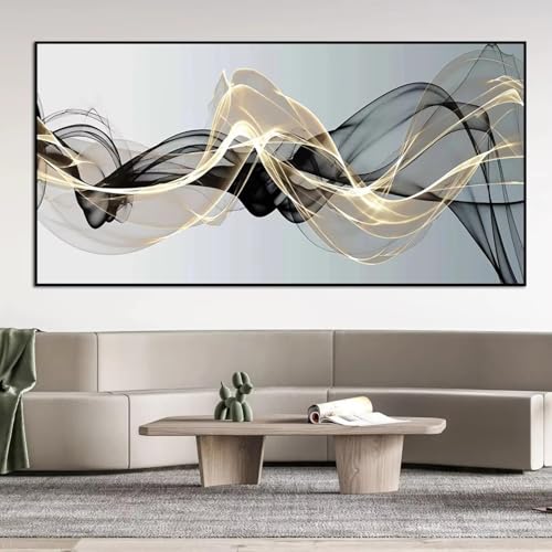 Peinture abstraite haut de gamme toile luxueuse dorée et noire avec cadre