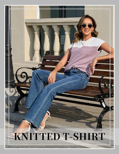 Image of Wedtrend Women's Tops Cap Sleeve Ribbed Knit Sweater Spring Casual Shirts Crew Neck Block Color Business Pullover Blouse