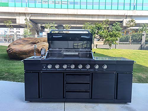 Black Stainless Steel 8 Burner 3 In 1 Island Bbq Outdoor Electric Grill Kitchen, Propane Or Natural Gas, With Sink, Side Burner, Led Lights On Knobs, And Free Protective Grill Cover #TOP1