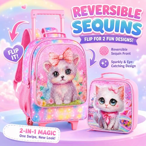 Image of CCJPX 3PCS Rolling Backpack for Girls, Kids Cat Roller Wheels School Bookbag with Lunch Bag, Wheeled School Bag for Toddler Elementary Children