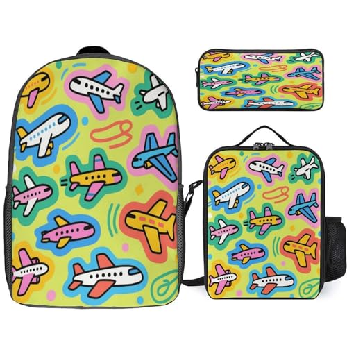 Cartoon Airplane 3pcs Lightweight Travel Backpack Printed Backpack With Lunch Pack Storage Box Case