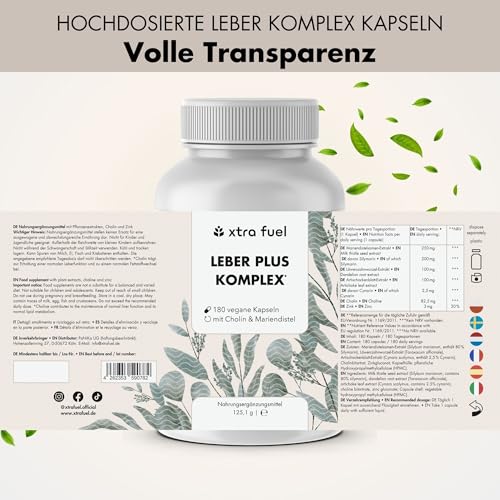 Leber Komplex - 180 Kapseln hochdosiert - mit Mariendistel (80% Silymarin), Artischocke, Löwenzahn & Cholin für die normale Funktion der Leber - laborgeprüft, vegan & zertifiziert