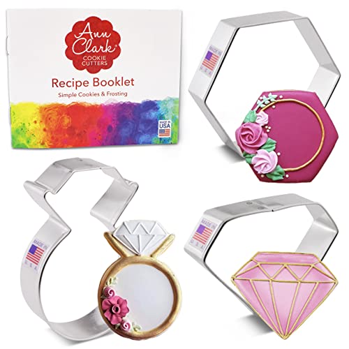 Ann Clark Cookie Cutters 3-Piece Gems and Jewels Cookie Cutter Set with Recipe Booklet, Ring, Gem and Gemstone