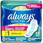 Always, Ultra Thin Pads For Women, Size 1, Regular Absorbency With Wings, 62 Count