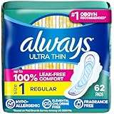 Always Ultra Thin Feminine Pads with Wings for Women, Size 1, Regular Absorbency, Unscented, 62 Count