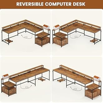 SEDETA L Shaped Office Desk, 66" Corner L Shaped Computer Desk with Wood File Drawer & Power Outlet for Home Office, Gaming Table with Led Lights, Monitor Shelf, Printer Storage Shelves, Rustic Brown