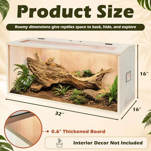 Image of PROLEE Bearded Dragon Tank,Wooden Reptile Tank and Lizard Tank,Tempered Glass Large Bearded Dragon Enclosure with Built-in Lamp Fixture (32X16X16inch,34 Gallons)