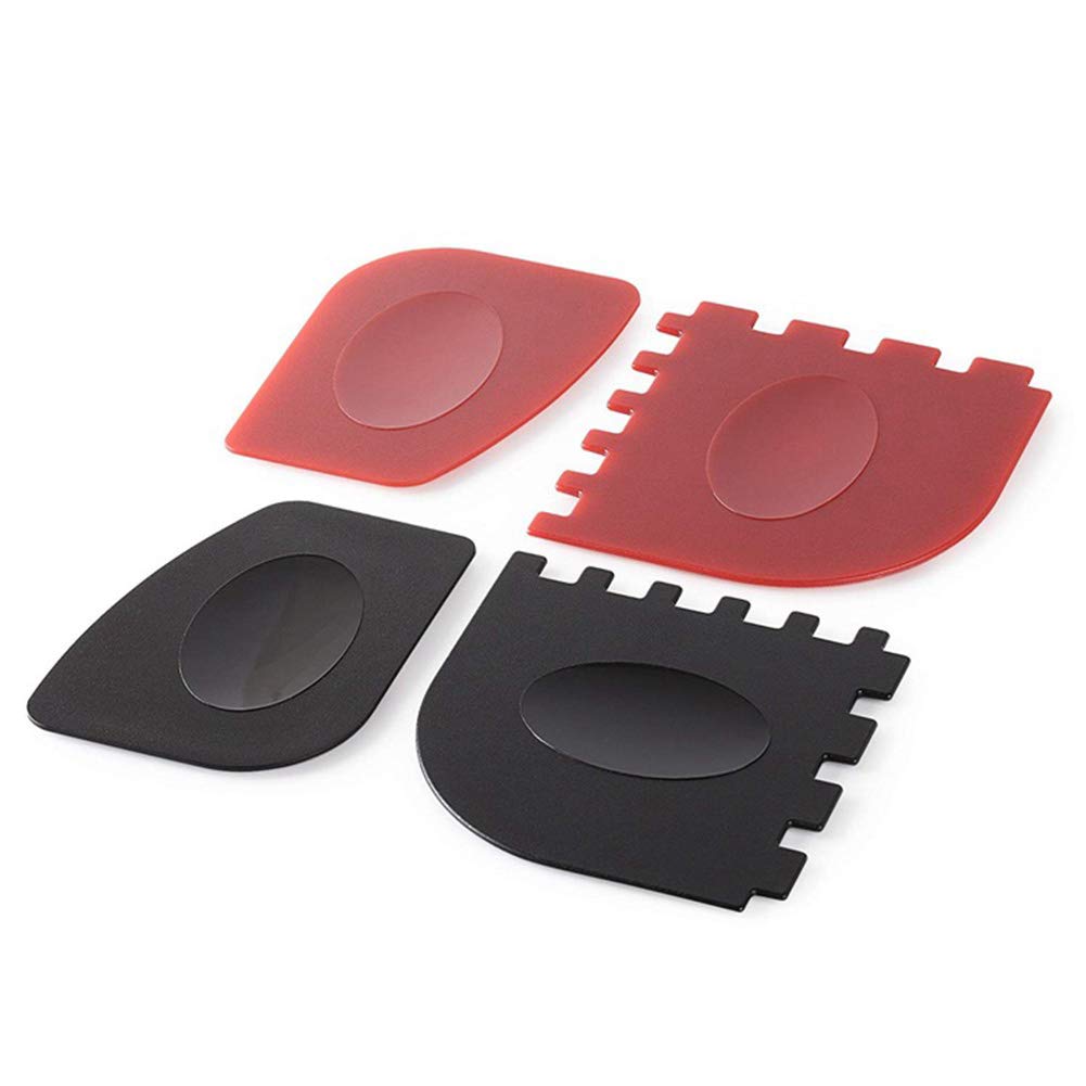 DYSuS Pan Scrapers. Handheld Polycarbonate Cast Iron Pan Cleaners. (4-Pack. Red/Black)