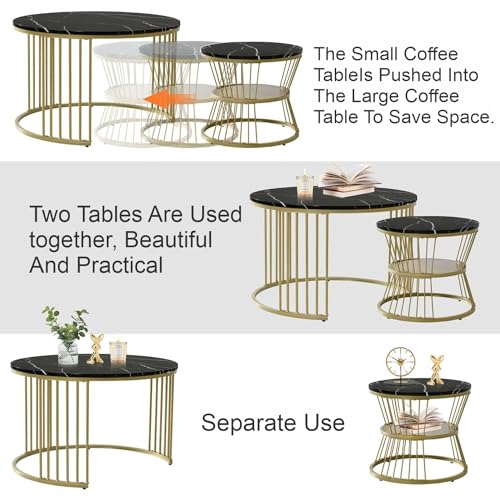 Image of NEST NATURE HAVEN Round Coffee Table, Modern Nestings Table Set of 2, Sofa Side Table with Marble Veneer Top and Metal Frame, End Table for Living Room Bedroom Home or Office (Golden Black)