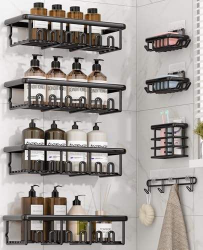 Zeawec 8 Pack Adhesive Rustproof Shower Caddy with Soap Dishes Toothbrush Holder & Hooks Large Capacity No-Drilling Shower Shelves Rack for Bathroom Organizers and Storage Accessories Black