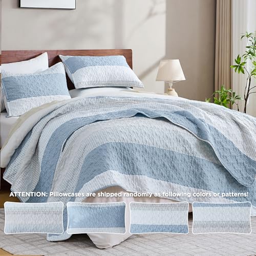 Image of Andency King Size Quilt Set Misty Blue, 3 Pieces Summer Ultra Soft Lightweight Bedspreads & Coverlets Set, Patchwork Striped Quilted Bedding Sets for All Seasons (1 Quilt, 2 Pillow Shams)