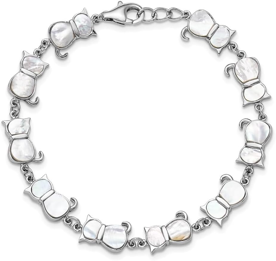 925 Sterling Silver Rhodium-plated Mother of Pearl Cat Link Chain Bracelet 7.5"
