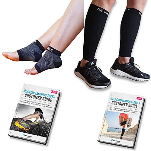BeVisible Sports Calf Compression Sleeves (Black, Small-Medium) and Plantar Fasciitis Compression Socks (Black, Small-Medium) Bundle