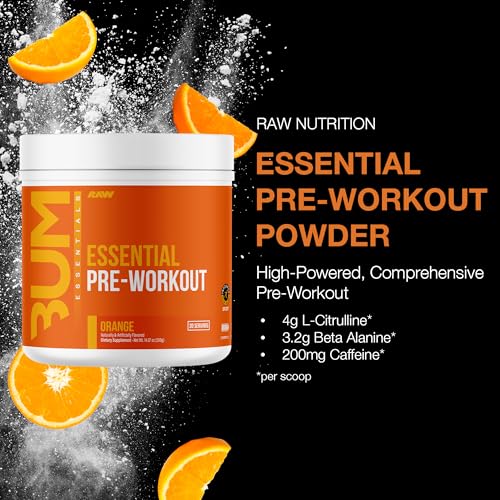 Image of RAW Essential Pre-Workout Powder (Orange) - Chris Bumstead Sports Nutrition Supplement for Men & Women - Preworkout Energy Powder with Caffeine, L-Citrulline, L-Tyrosine, & Beta Alanine Blend