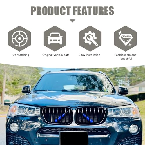 Image of 2PCS Car Grill Inserts Trims, Waterproof & Heat-resistant Vehicle Water Tank Exterior Trim, Personality Hood Grille Strips, Compatible with BMW V Brace Covers 1 2 3 4 5 6 7 Series (Blue)
