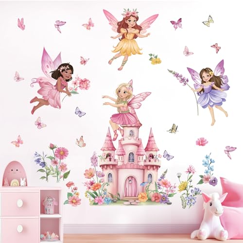 wondever Stickers Muraux Fée Fleur Château Autocollants Muraux Mural Stickers Floral Elfes Papillons pour Chambre Fille Bébé Pépinière