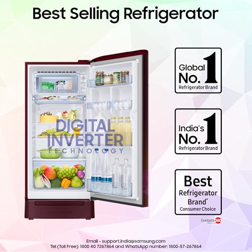 Image of Samsung 215 L, 5 Star, Digital Inverter, Direct-Cool Single Door Refrigerator (RR23H2H35HT /HL, Red, Hydrangea Plum, Base Stand Drawer, Single Touch Defrost, 2026 Model)