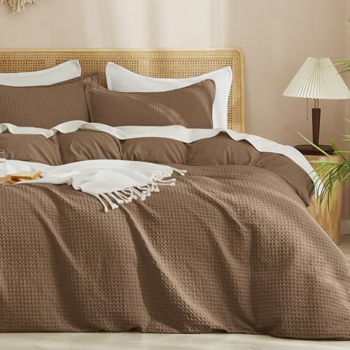 Image of PHF Waffle Duvet Cover Set King Size, No Snagging Ultra Soft Luxury Textured Breathable Comforter Cover for All Season 3pcs, Durable Bedding Duvet Set with 2 Pillow Shams, 104 inchx90 inch, Mocha